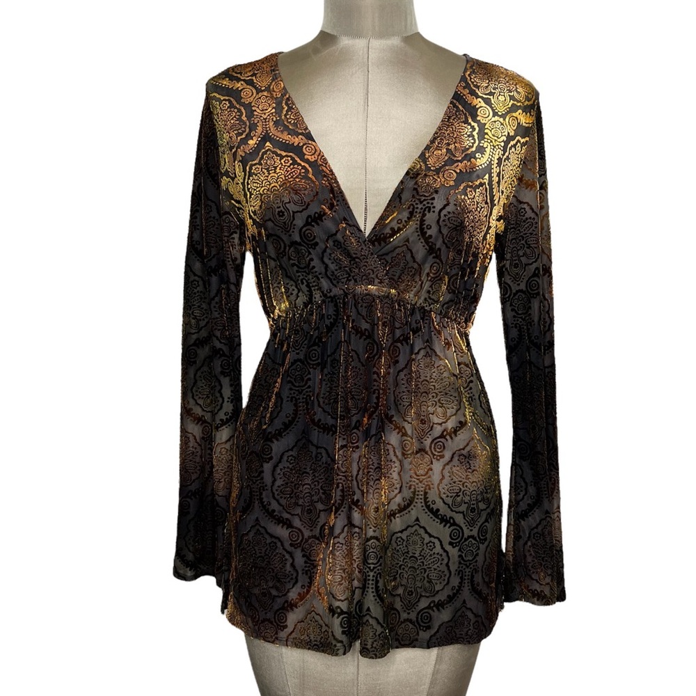 Y2K Long Sleeve Velvet Burnout Print Flip Flop Color Changing Top Size Medium